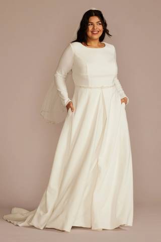 View DB Studio Belted Long Sleeve Crepe Modest Wedding Dress in all available color and sizes Picture of Belted Long Sleeve Crepe Modest Wedding Dress